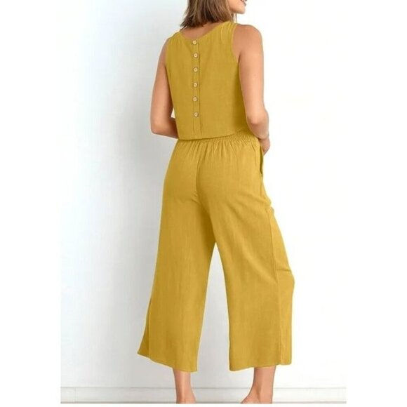 Women Sleeveless Round Neck Jumpsuit Cropped Wide leg Boho Comfort L Yellow - Picture 1 of 13